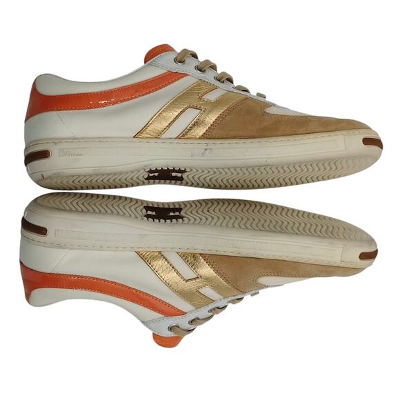 Hogan Womens Size 10 Logo Sneakers Trainers Orange Gold Tan Patent Leather Suede - Picture 6 of 11